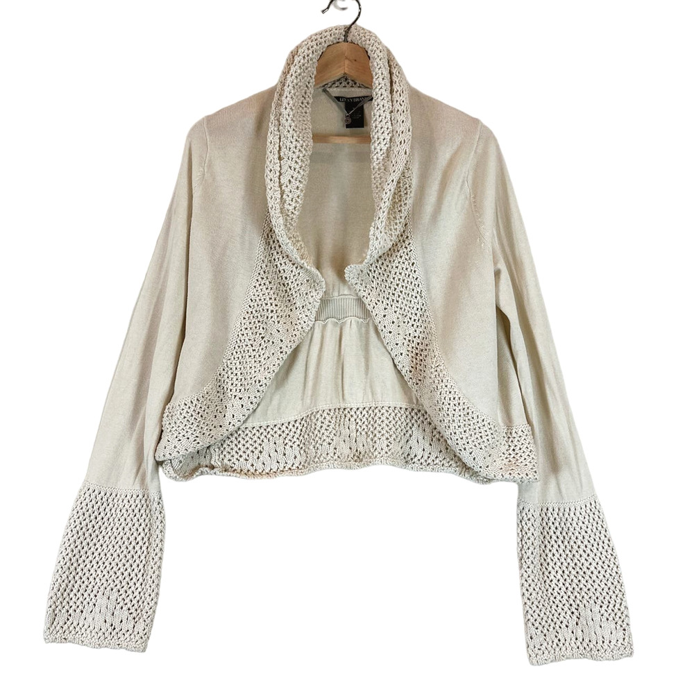 Vintage Y2K Lucky Brand Womens Cardigan Medium Crochet Boho 90s Crop Cream